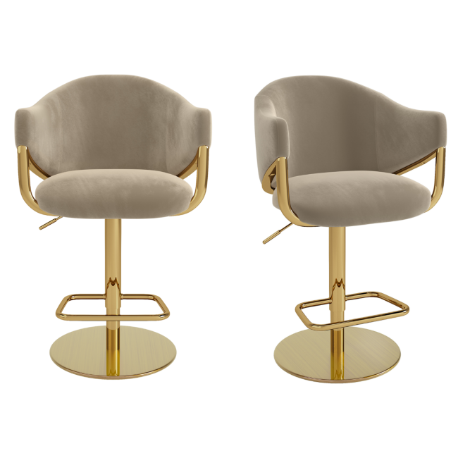 Set of 2 Beige Velvet Adjustable Swivel Bar Stools with Gold Base - Ronnie