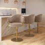 Set of 3 Beige Velvet Adjustable Swivel Bar Stools with Gold Base - Ronnie