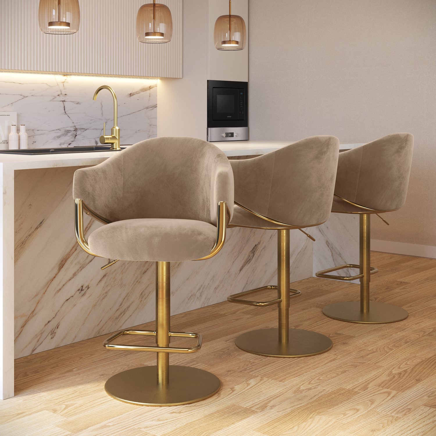 Ronnie Beige Set Of 3 Velvet Adjustable Swivel Bar Stools With Gold Base