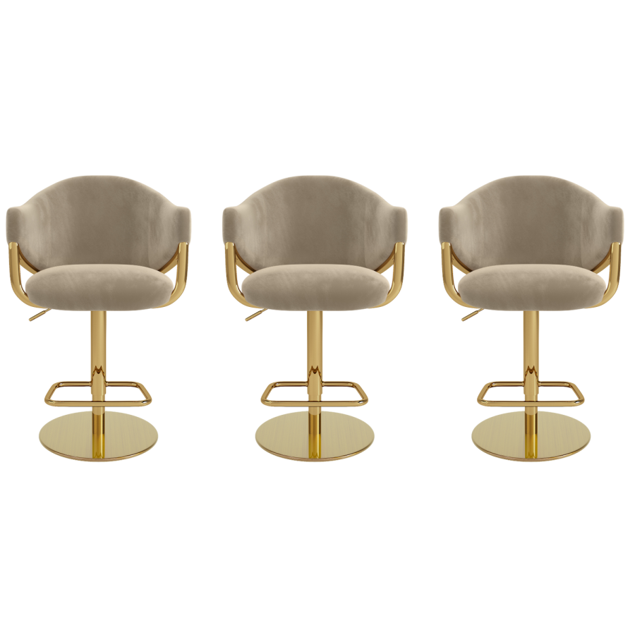 Set of 3 Beige Velvet Adjustable Swivel Bar Stools with Gold Base - Ronnie