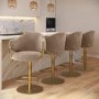 Set of 4 Beige Velvet Adjustable Swivel Bar Stools with Gold Base - Ronnie