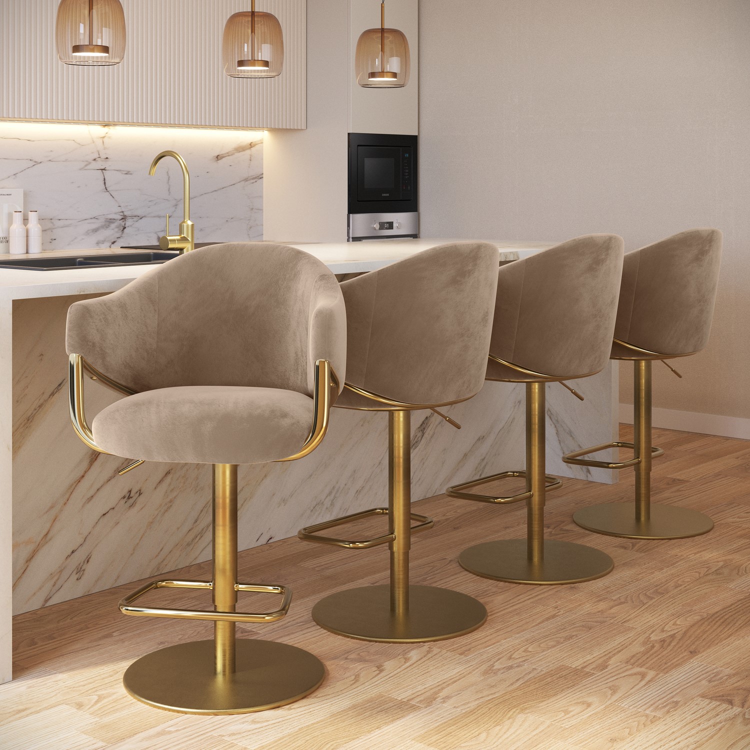 Ronnie Beige Set Of 4 Velvet Adjustable Swivel Bar Stools With Gold Base