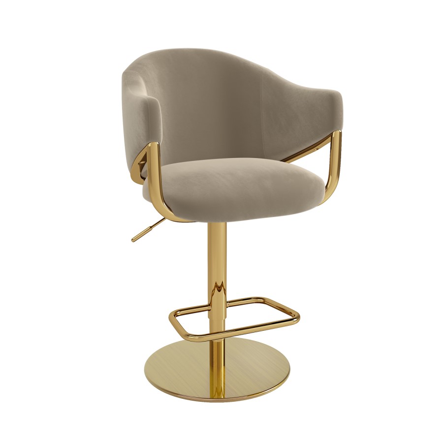 Set of 3 Beige Velvet Adjustable Swivel Bar Stools with Gold Base - Ronnie