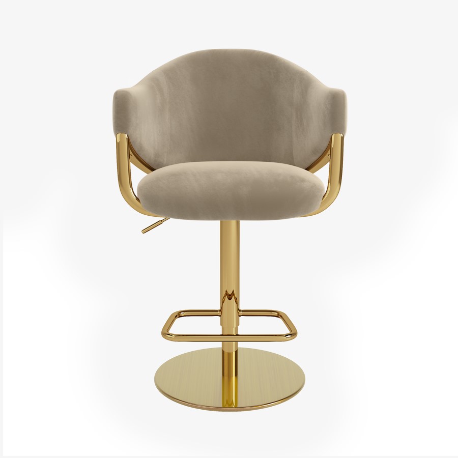 Set of 3 Beige Velvet Adjustable Swivel Bar Stools with Gold Base - Ronnie