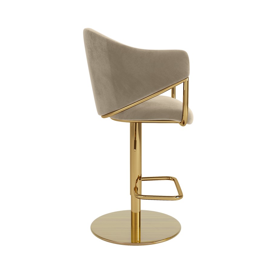 Set of 3 Beige Velvet Adjustable Swivel Bar Stools with Gold Base - Ronnie
