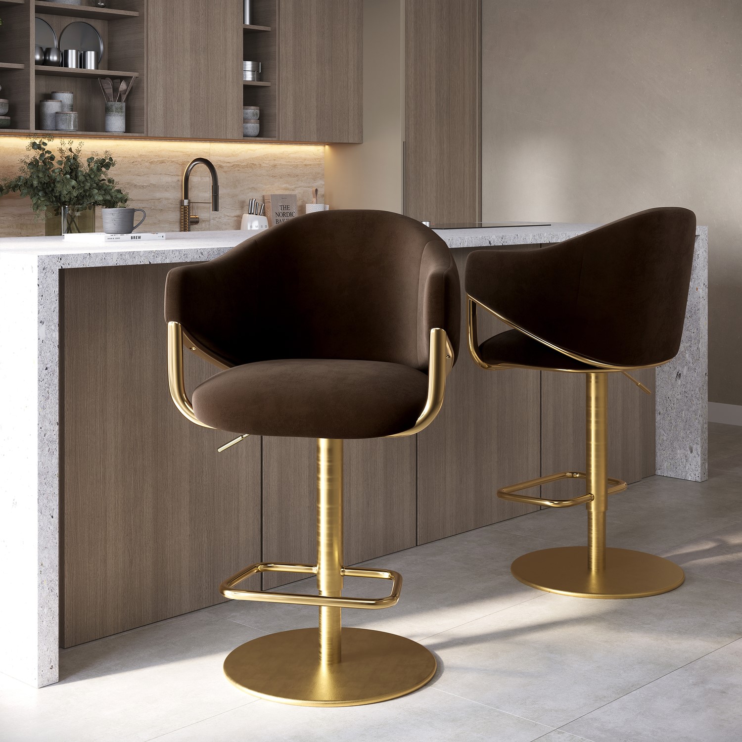 Ronnie Brown Set Of 2 Velvet Adjustable Swivel Bar Stools With Gold Base