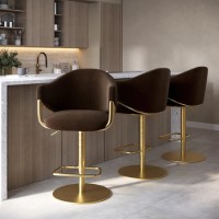 Set of 3 Brown Velvet Adjustable Swivel Bar Stools with Gold Base - Ronnie