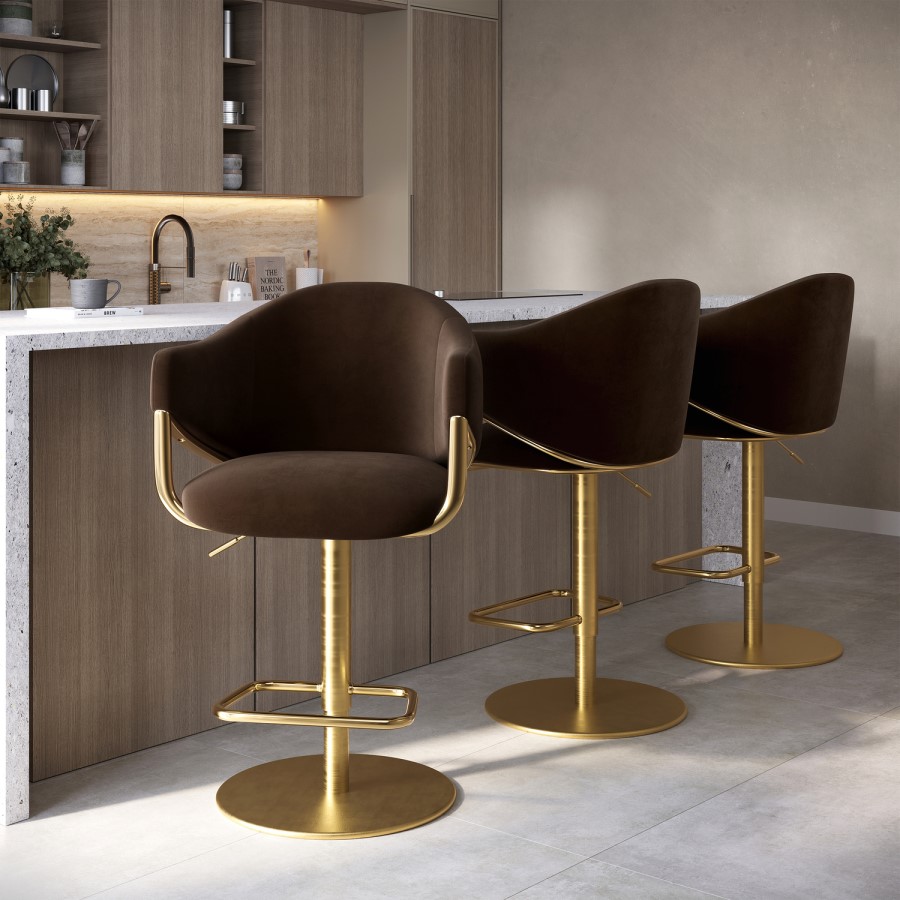 Set of 3 Brown Velvet Adjustable Swivel Bar Stools with Gold Base - Ronnie