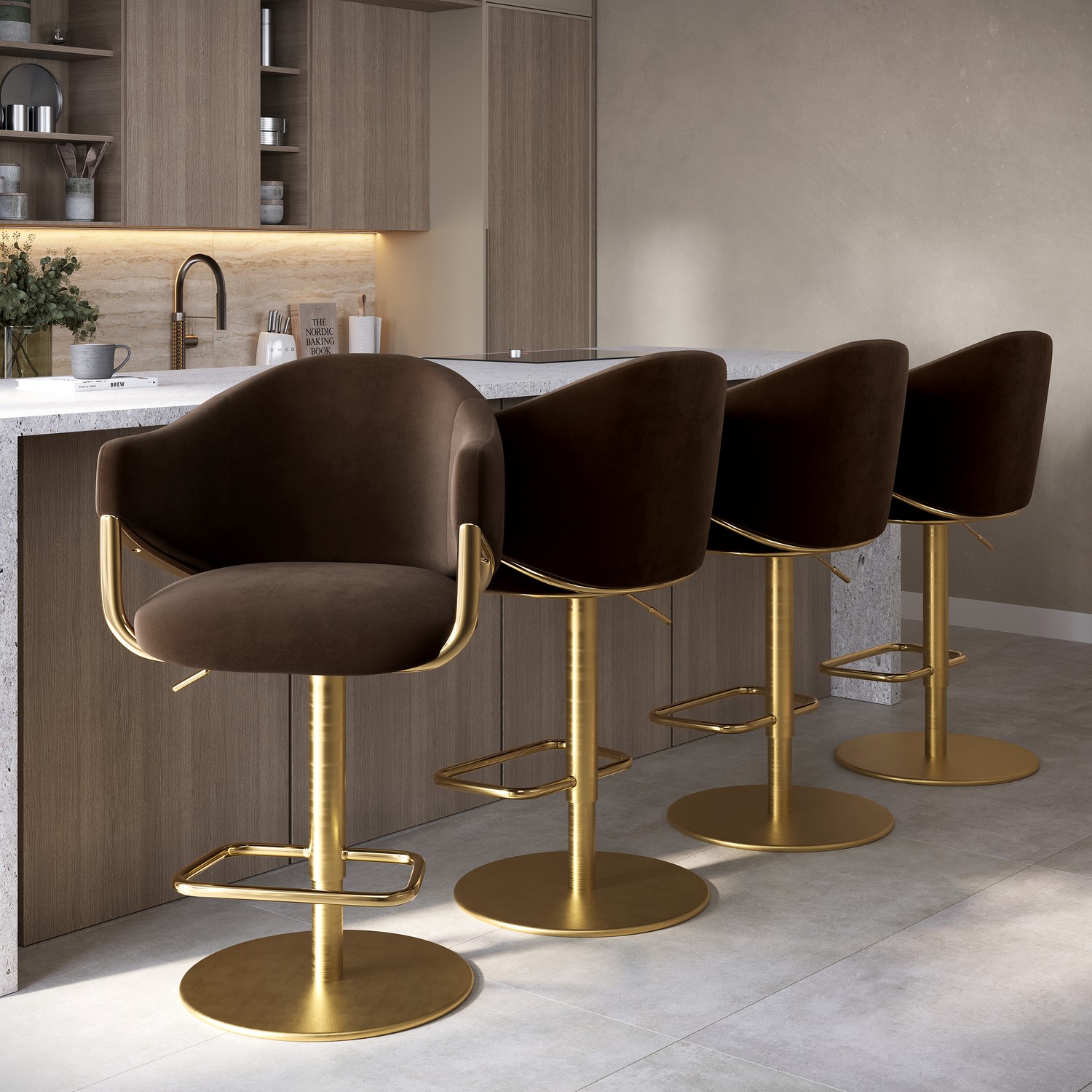 Ronnie Brown Set Of 4 Velvet Adjustable Swivel Bar Stools With Gold Base