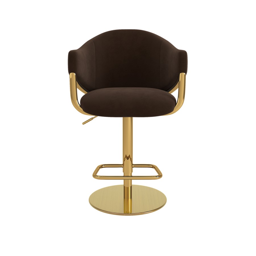 Brown Velvet Adjustable Swivel Bar Stool with Gold Base - Ronnie