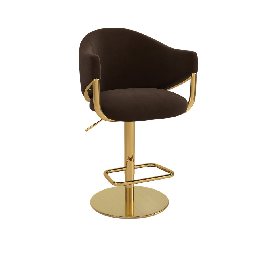 Brown Velvet Adjustable Swivel Bar Stool with Gold Base - Ronnie