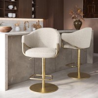 Set of 2 Beige Upholstered Adjustable Swivel Bar Stools with Gold Base - Ronnie