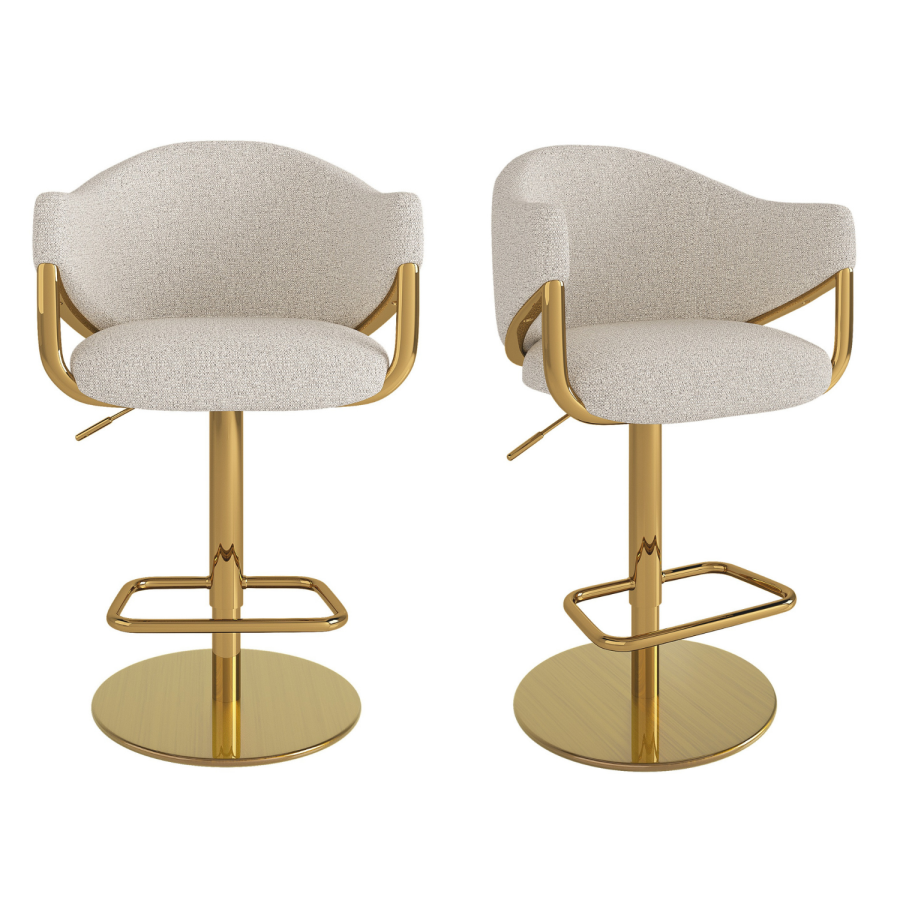 Set of 2 Beige Upholstered Adjustable Swivel Bar Stools with Gold Base - Ronnie