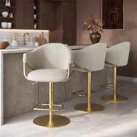 Set of 3 Beige Upholstered Adjustable Swivel Bar Stools with Gold Base - Ronnie