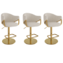 Set of 3 Beige Upholstered Adjustable Swivel Bar Stools with Gold Base - Ronnie