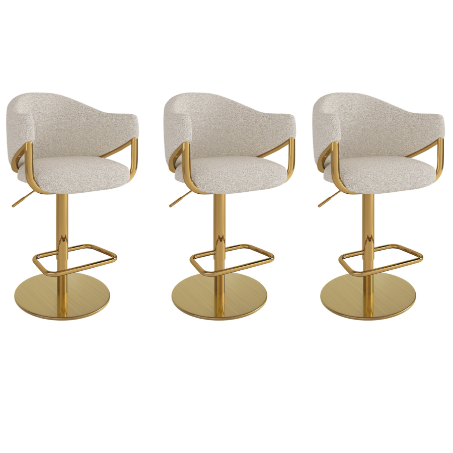 Set of 3 Beige Upholstered Adjustable Swivel Bar Stools with Gold Base - Ronnie