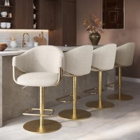 Set of 4 Beige Upholstered Adjustable Swivel Bar Stools with Gold Base - Ronnie