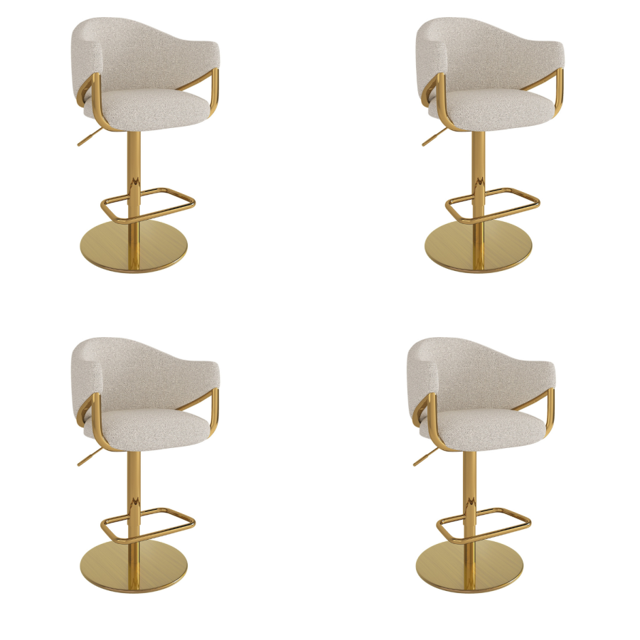 Set of 4 Beige Upholstered Adjustable Swivel Bar Stools with Gold Base - Ronnie