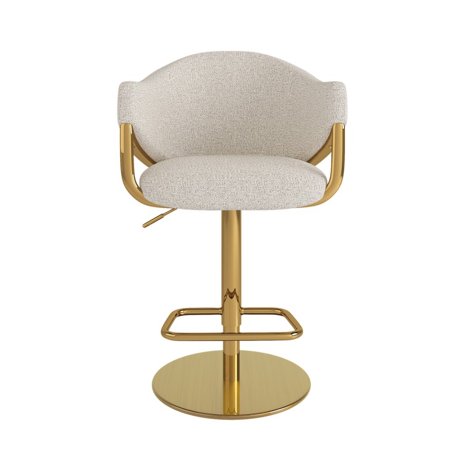 Set of 3 Beige Upholstered Adjustable Swivel Bar Stools with Gold Base - Ronnie
