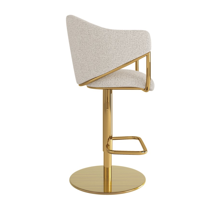 Set of 3 Beige Upholstered Adjustable Swivel Bar Stools with Gold Base - Ronnie