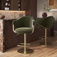 Set of 2 Olive Green Velvet Adjustable Swivel Bar Stools with Gold Base - Ronnie