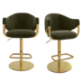 Set of 2 Olive Green Velvet Adjustable Swivel Bar Stools with Gold Base - Ronnie