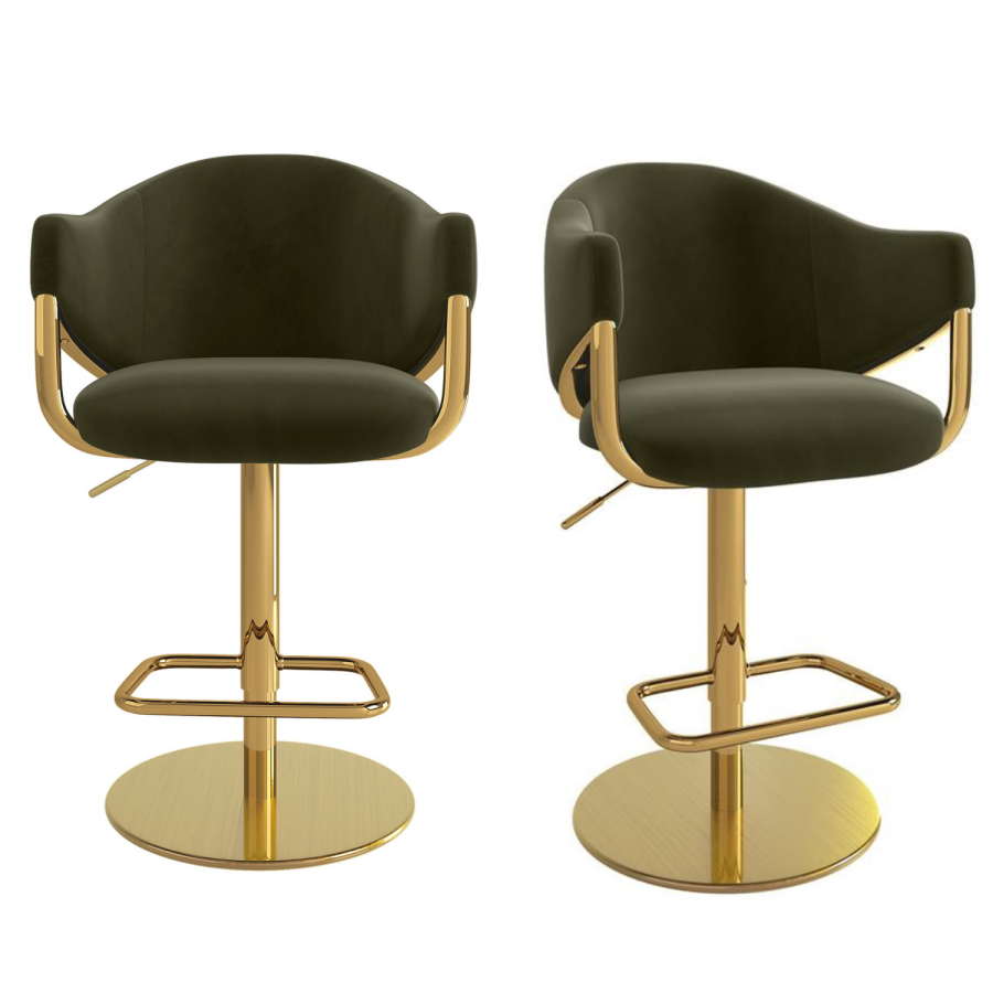 Set of 2 Olive Green Velvet Adjustable Swivel Bar Stools with Gold Base - Ronnie