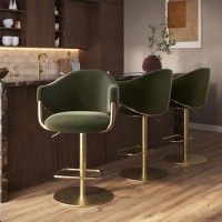 Set of 3 Olive Green Velvet Adjustable Swivel Bar Stools with Gold Base - Ronnie