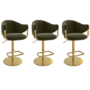 Set of 3 Olive Green Velvet Adjustable Swivel Bar Stools with Gold Base - Ronnie