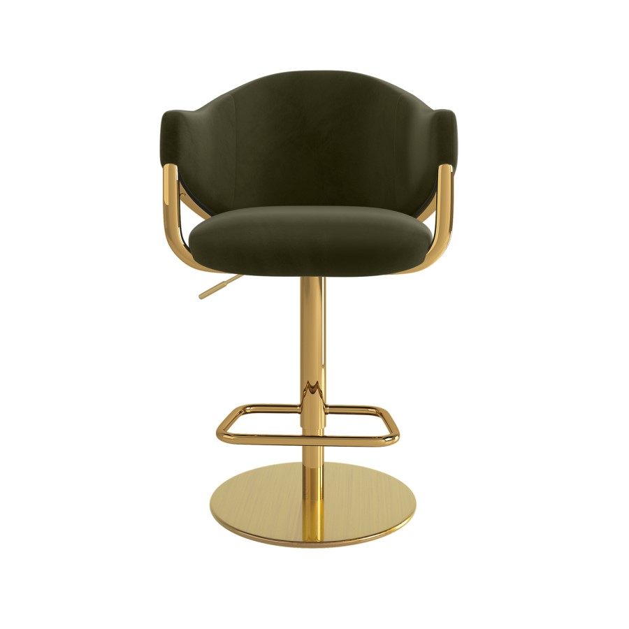 ONLY OPENED - Olive Green Velvet Adjustable Swivel Bar Stool with Gold Base - Ronnie