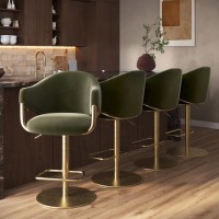 Set of 4 Olive Green Velvet Adjustable Swivel Bar Stools with Gold Base - Ronnie