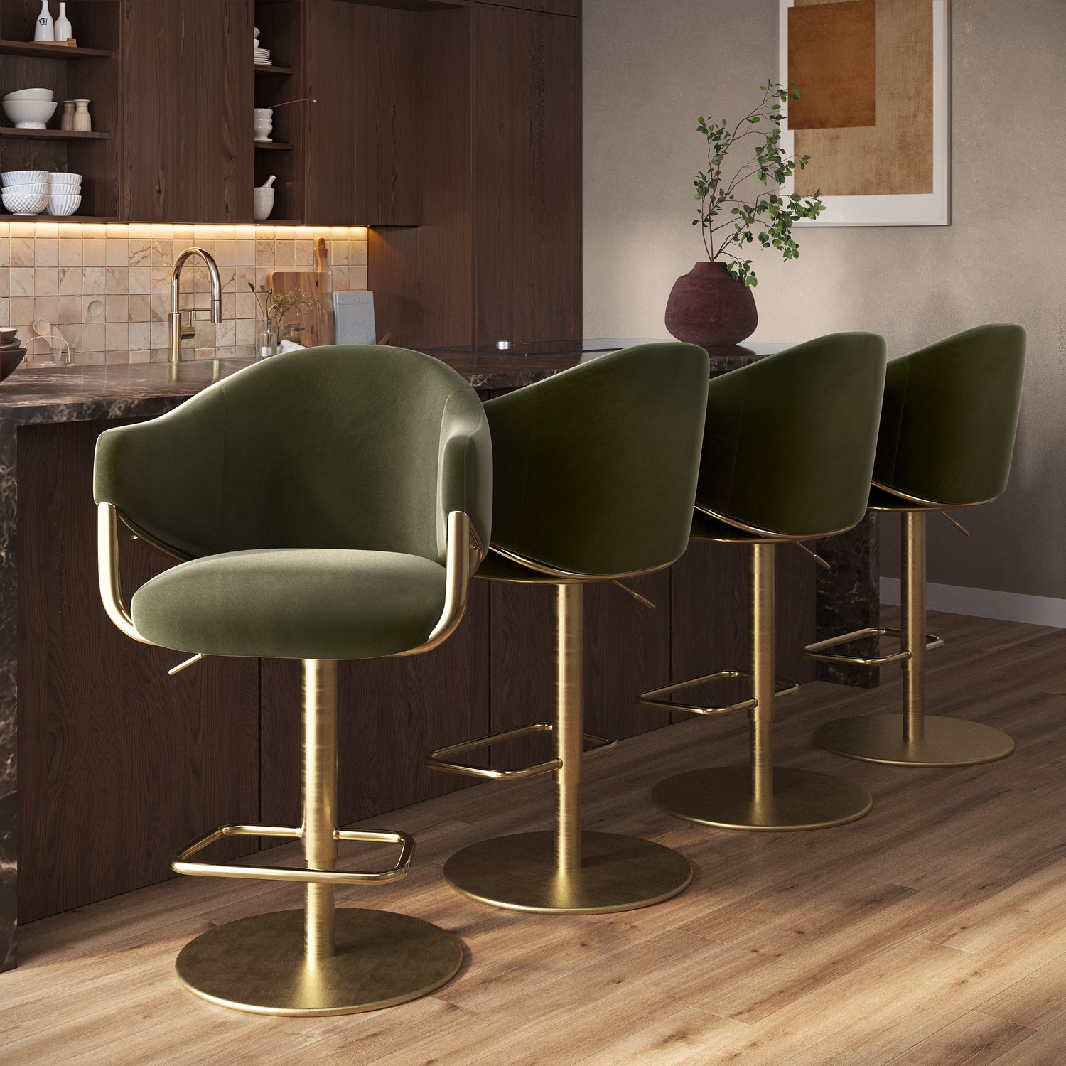 Ronnie Green Set Of 4 Olive Velvet Adjustable Swivel Bar Stools With Gold Base