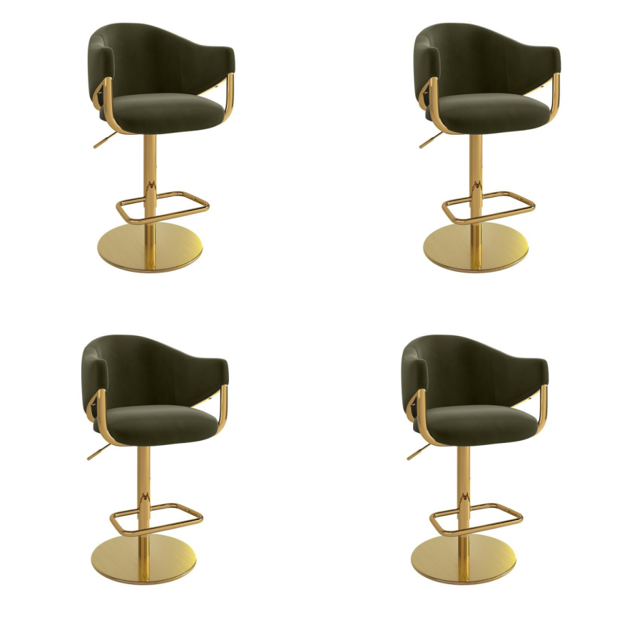 Set of 4 Olive Green Velvet Adjustable Swivel Bar Stools with Gold Base - Ronnie