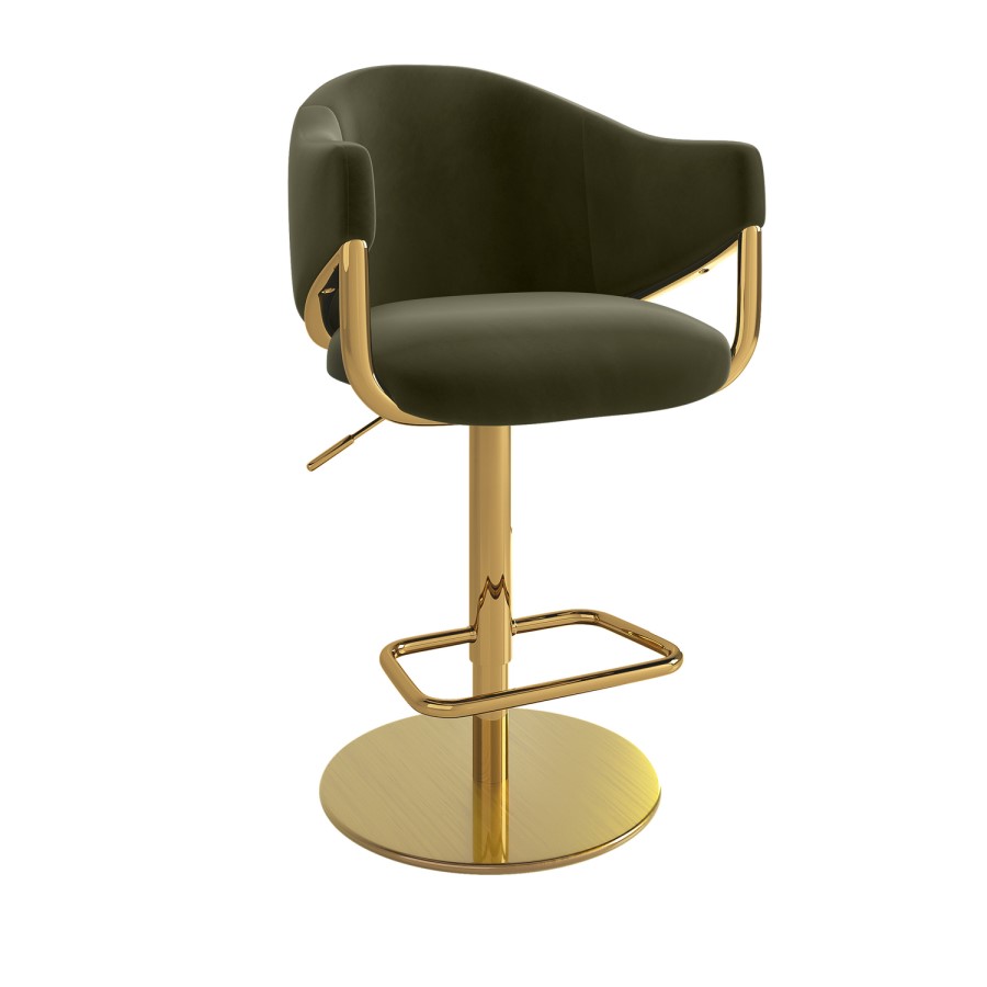 Set of 2 Olive Green Velvet Adjustable Swivel Bar Stools with Gold Base - Ronnie