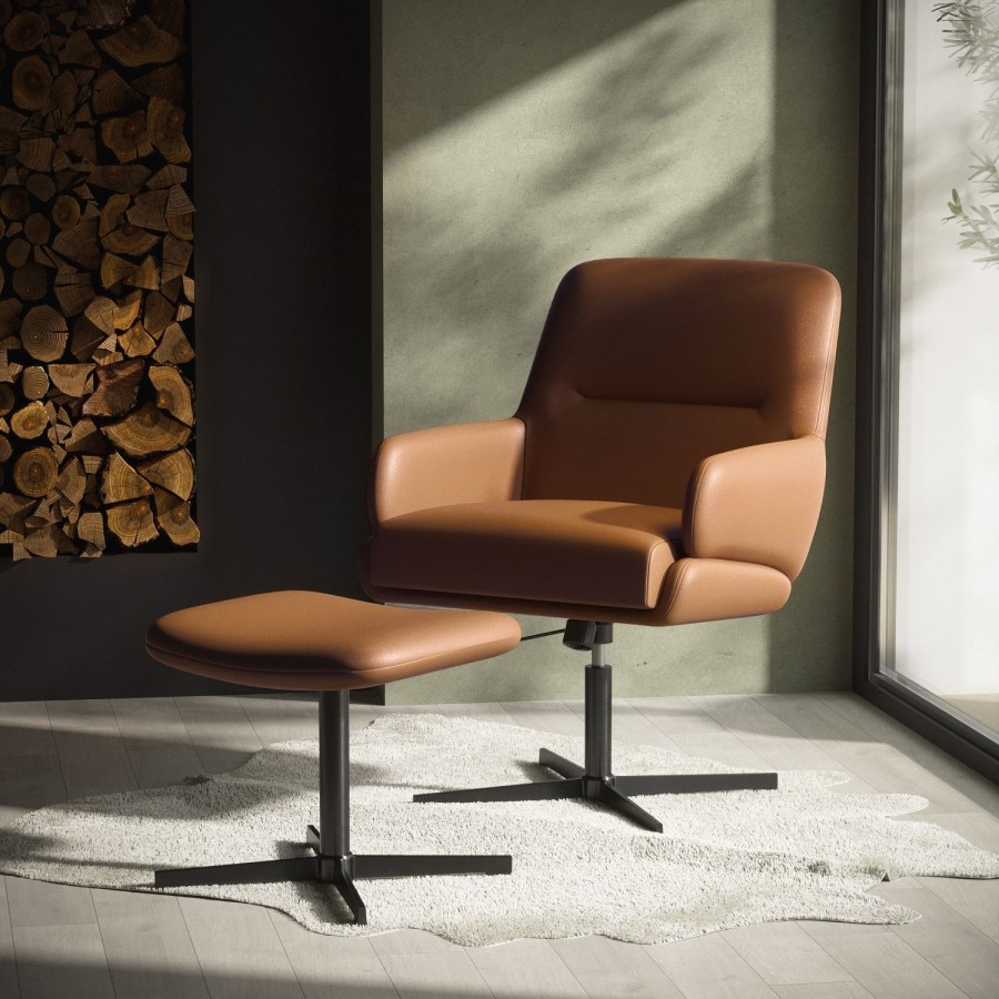 Tan Faux Leather Accent Chair with Footstool - Rowan