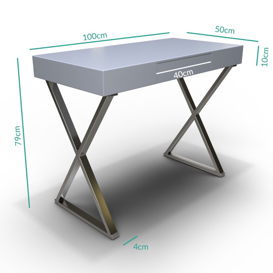 Grey High Gloss Dressing Table with Chrome Cross Legs and Storage - Roxy