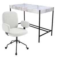 White Marble & Cream Boucle Office Desk and Chair Set - Nico