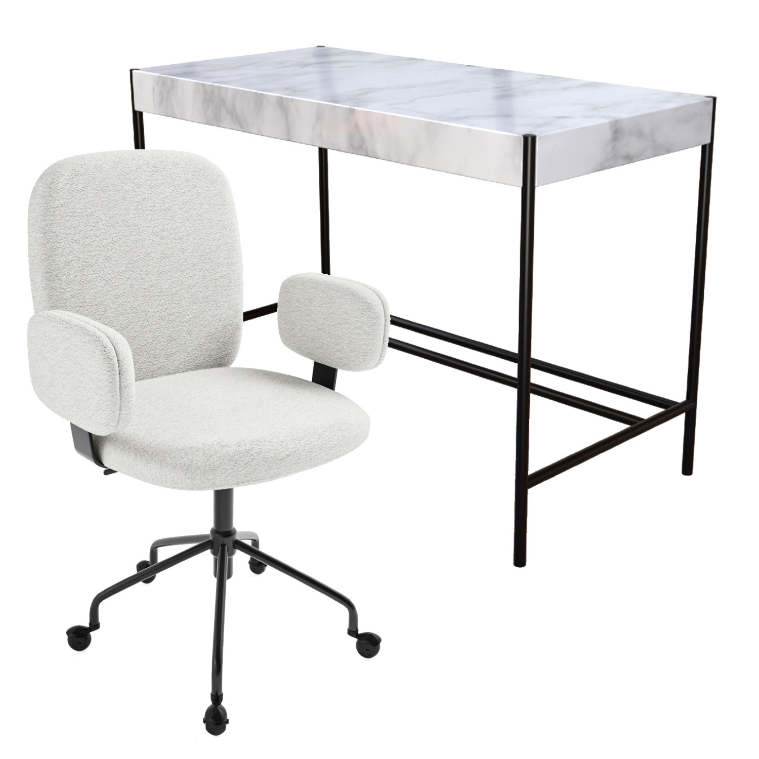 Photo of White marble & cream boucle office desk and chair set - nico