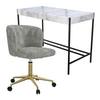 White Marble Effect Office Desk & Grey Teddy Office Swivel Chair - Roxy - Rowan