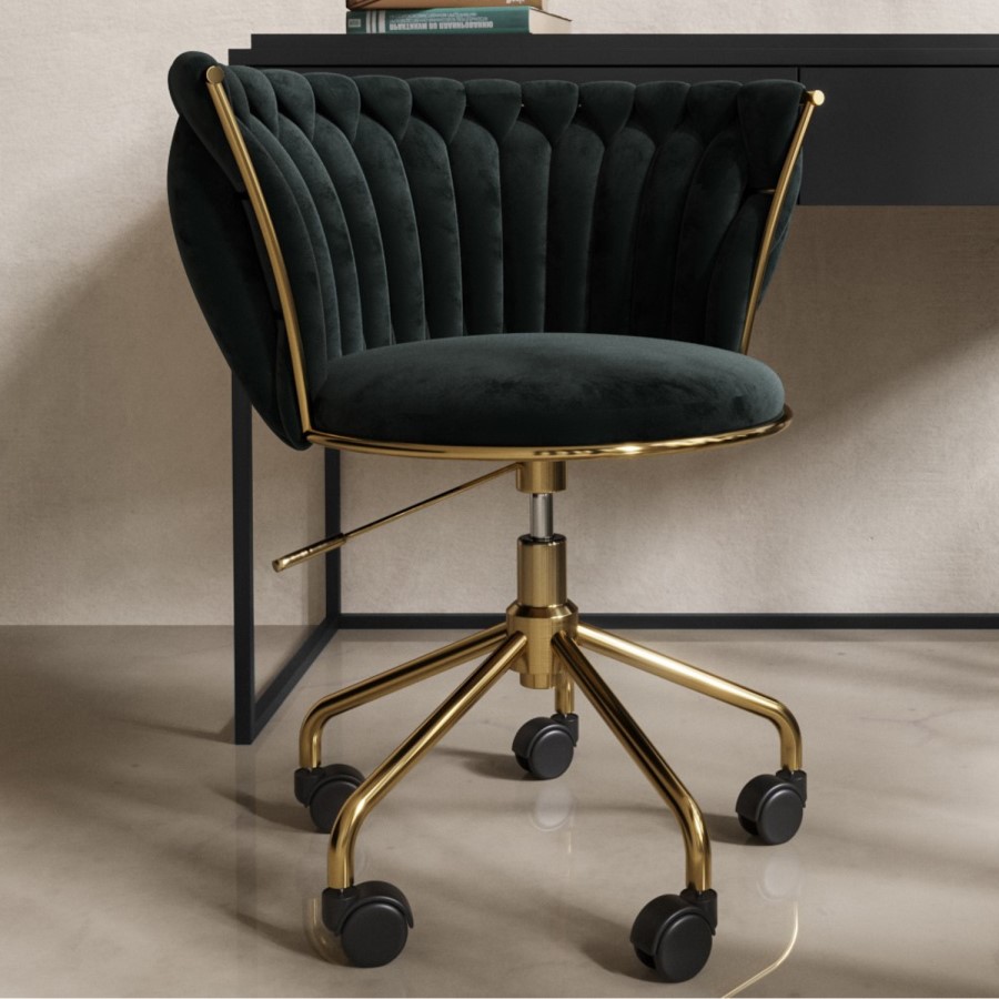 White Marble & Black Velvet Office Desk and Chair Set - Roxy