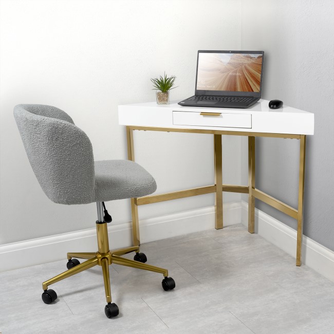 White Gloss Corner Desk with Drawer and Grey Faux Sheepskin Office Swivel Chair - Roxy - Rowan