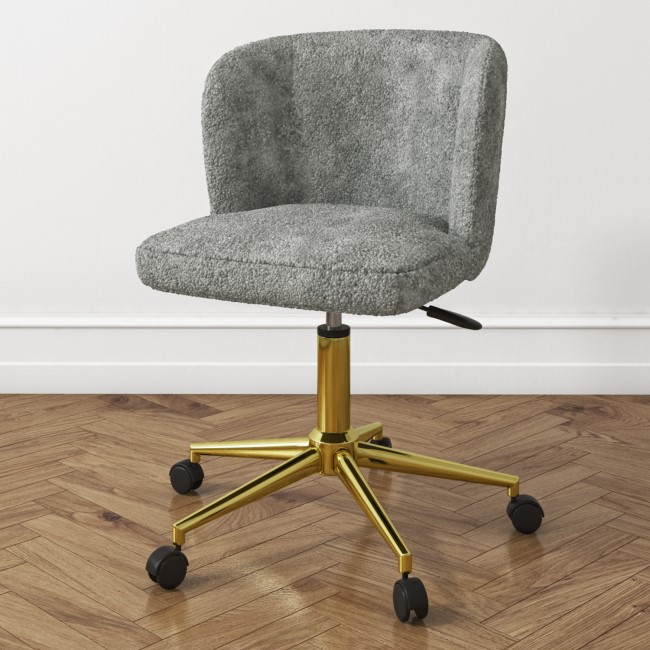 White Gloss Corner Desk with Drawer and Grey Faux Sheepskin Office Swivel Chair - Roxy - Rowan