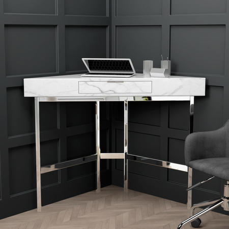 White Faux Marble Corner Desk & Teddy Fabric Office Chair Set - Roxy - Rowan