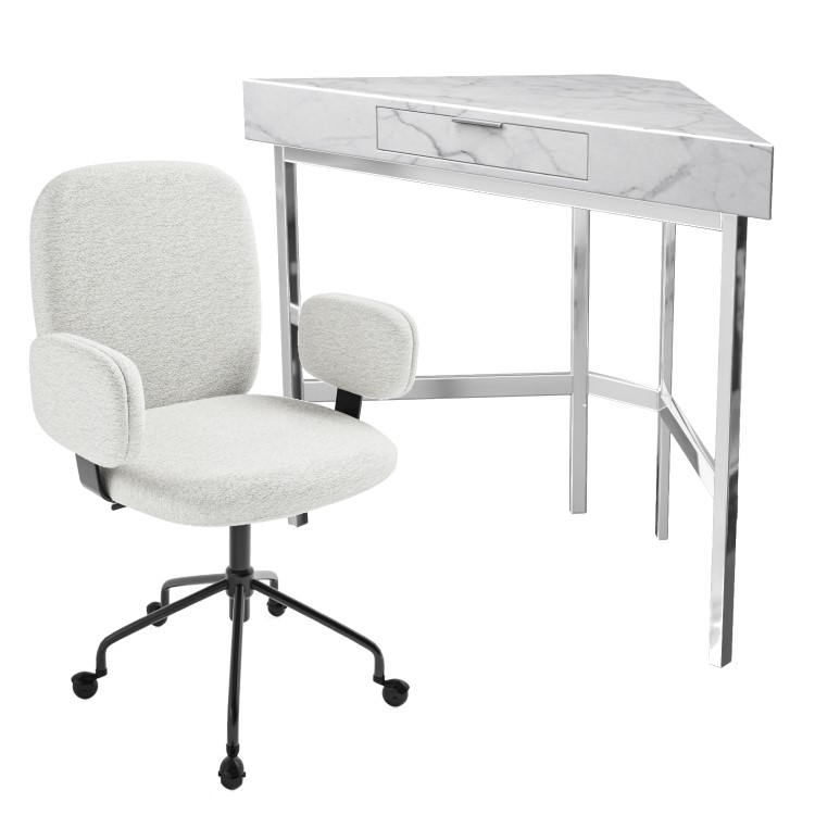 White Marble & Cream Boucle Corner Office Desk and Chair Set - Roxy