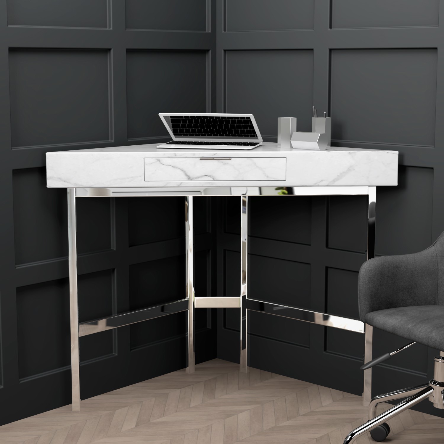 Read more about White marble & cream boucle corner office desk and chair set roxy