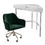 White Faux Marble Corner Desk & Green Velvet Office Chair - Roxy - Marley