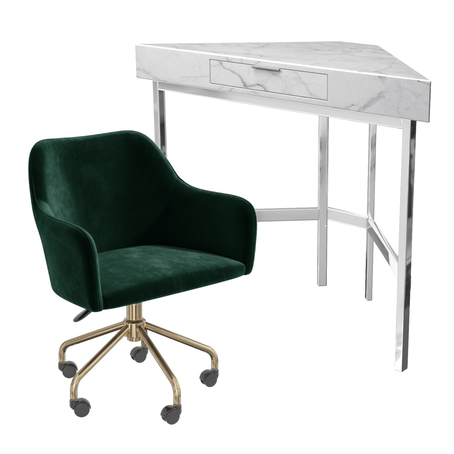 Photo of White faux marble corner desk & green velvet office chair - roxy - marley