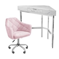 White Marble & Pink Velvet Corner Office Desk and Chair Set - Roxy 