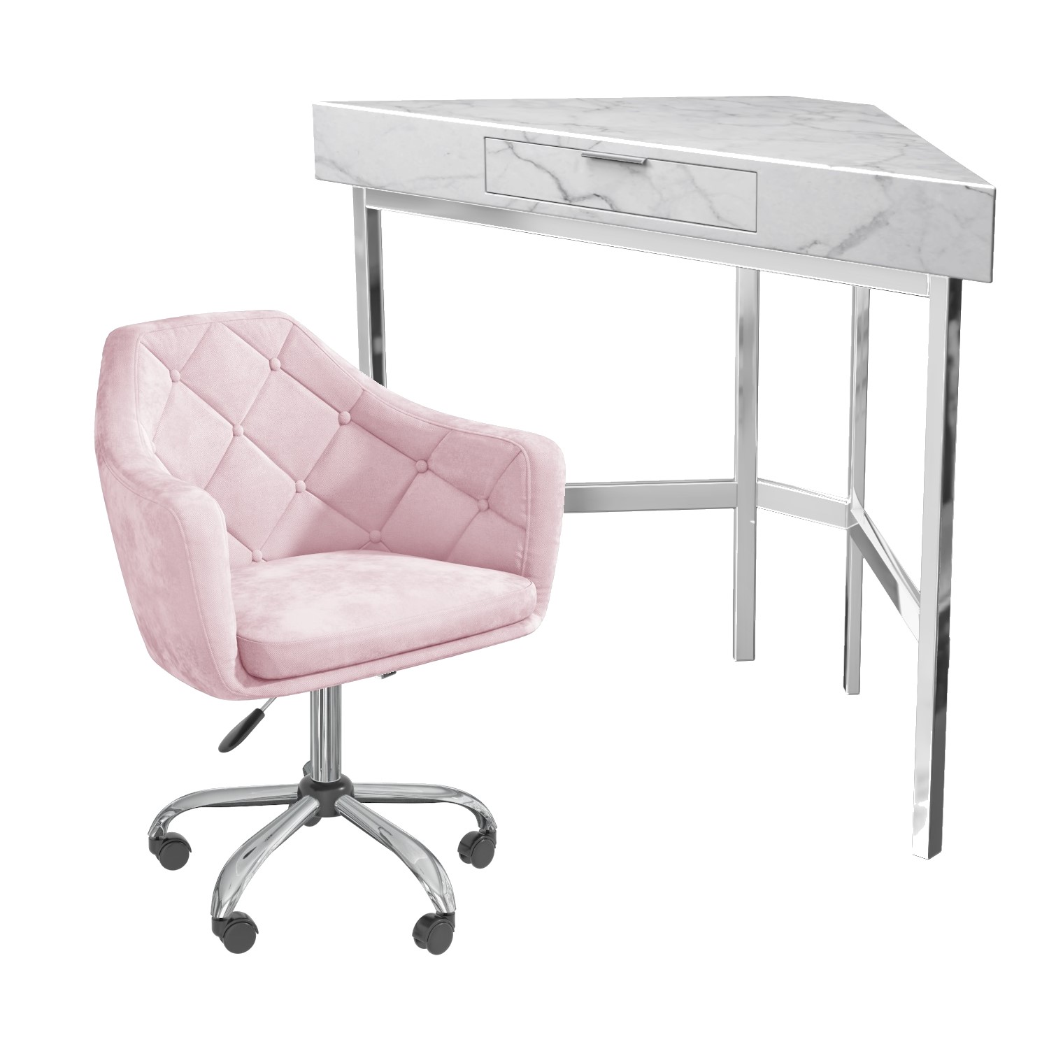 Photo of White marble & pink velvet corner office desk and chair set - roxy