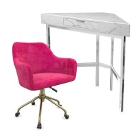 White Faux Marble Corner Desk & Hot Pink Velvet Office Chair - Roxy - Marley